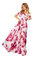 194-2 Długa suknia z hiszpańskim dekoltem - duże różowe kwiaty
