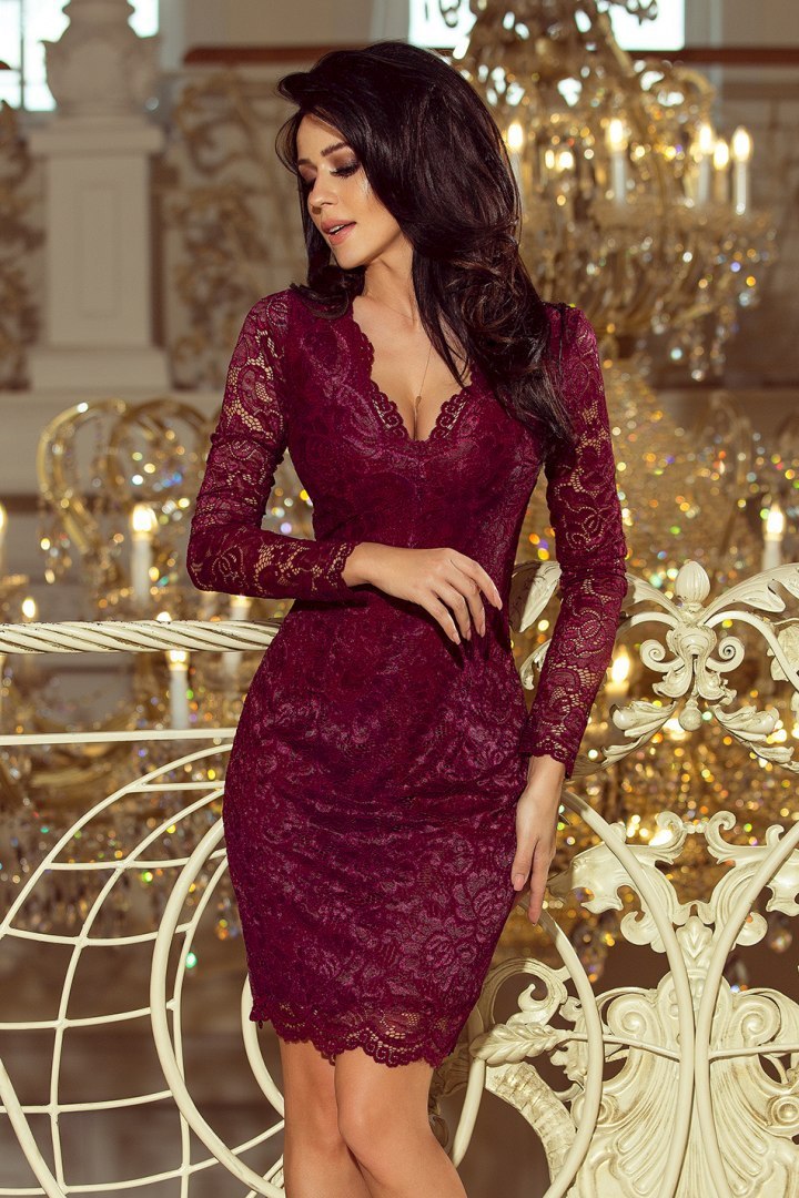 170-5 Lace dress with neckline - Burgundy color