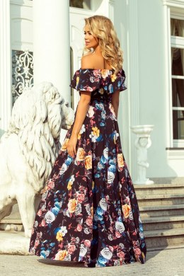 194-3 Long dress with frill - black + colorful flowers