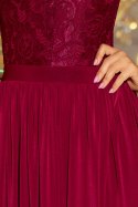 211-2 LEA długa suknia bez rękawków z koronkowym dekoltem - BORDOWA
