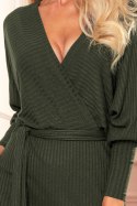 356-2 Kopertowa sukienka sweterekowa z wiązaniem - PRĄŻKI KHAKI